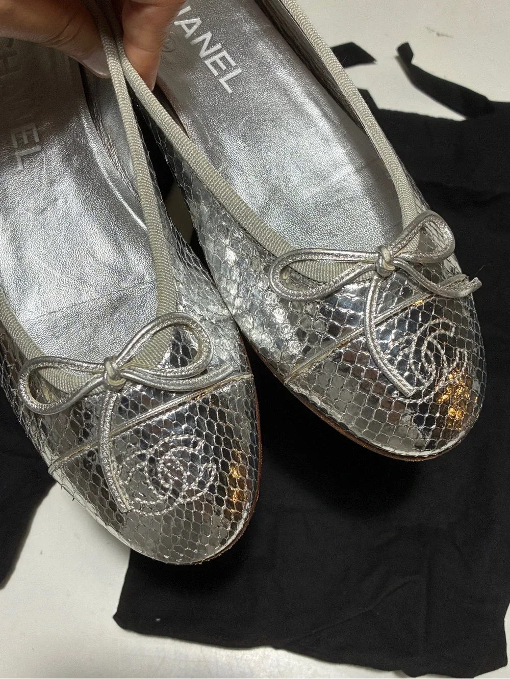 CHANEL Silver Metallic Snakeskin Quilted Ballerina Flats